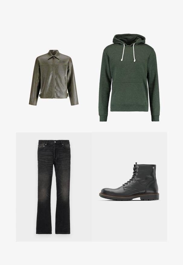 Olivegrüne Lederjacke mit einem Frontreißverschluss, spitzem Kragen, zwei seitlichen Taschen und dezentem Branding auf der oberen linken Seite.; Dunkelgrüner Kapuzenpullover mit einer Fronttasche, weißen Kordeln und einem weichen, strukturierten Stoff. Verfügt über gerippte Bündchen und Saum.; Schwarze Denim-Glockenjeans mit einem ausgewaschenen Finish, fünf Taschen und silbernem Metall. Verfügt über einen klassischen Taillenbund und einen leicht strukturierten Stoff.; Schwarze Lederstiefelette mit Schnürung, runder Spitze und strukturiertem Obermaterial, ausgestattet mit metallischen Ösen und einer Gummisohle mit profiliertem Muster.