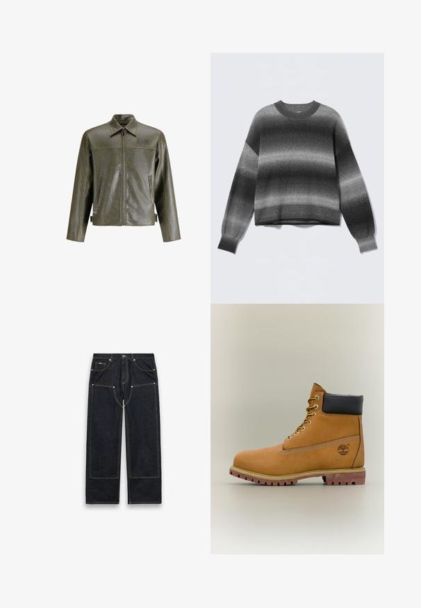 Chaqueta de cuero verde oliva con cremallera frontal, cuello puntiagudo, dos bolsillos laterales y un sutil logotipo en la parte superior izquierda.; Suéter de punto de manga larga con tonos degradados de gris de oscuro a claro, cuello redondo y puños y dobladillo acanalados.; Vaqueros negros de pierna recta con parches reforzados en las rodillas, costuras amarillas visibles, bolsillos delanteros y traseros, y cierre de botones en la cintura.; Bota de tobillo de cuero marrón con cuello negro, cordones amarillos y suela beige. Presenta un logotipo y detalles de costura blanca. Suela exterior con tracción robusta.