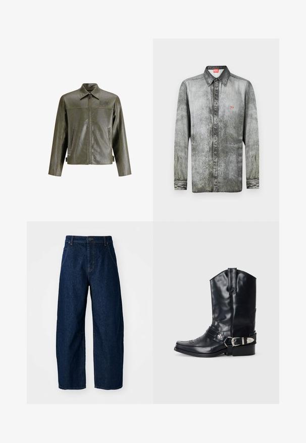 Olijf groene leren jas met een ritssluiting aan de voorkant, een puntige kraag, twee zijzakken en subtiele branding op de bovenste linkerkant.; Langarmshirt van vervaagd grijs denim met een button-down kraag, voorzien van een klein rood logo op de borst en een gestructureerde stof.; Wijdvallende donkere spijkerbroek met een hoge taille, voorzien van vijf zakken, een sluiting met een knoop aan de voorkant en zichtbare stikseldetails.; Zwarte leren cowboylaars met een spitse neus, hoge schacht, decoratieve stiksels en zilveren gespsluiting op de band. Gestructureerde afwerking.