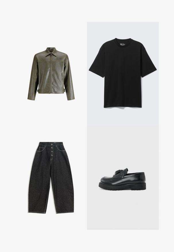 Olivengrøn læderjakke med lynlås foran, spidse kraver, to sidelommer og diskret branding på øverste venstre side.; Sort kortærmet afslappet bomulds-T-shirt med rund hals, vist mod en ensfarvet lys baggrund.; Sort viddebenjeans med høj talje, lukning med fem knapper, to forlommer og kontrasterende hvide syninger.; Sort læderloafer med kvaster, tyk gummisål og lav hæl, vist i sideprofil på en ensfarvet baggrund.