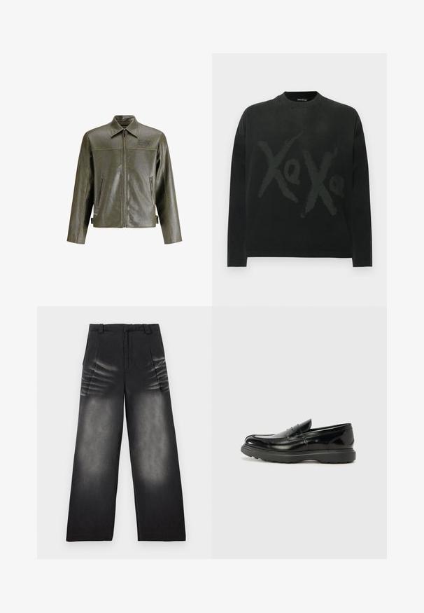 Chaqueta de cuero verde oliva con cremallera frontal, cuello puntiagudo, dos bolsillos laterales y un sutil logotipo en la parte superior izquierda.; Camiseta negra de manga larga hecha de algodón, con un gran gráfico "Xo" en un tono ligeramente más claro, cuello redondo y corte holgado.; Pantalones de mezclilla negros de pierna ancha con detalles descoloridos en los muslos y pliegues frontales, con presillas para cinturón y cierre de cremallera.; Mocasín de cuero negro con un acabado brillante, punta redondeada, detalles de costura sutiles y una suela de goma gruesa para mayor durabilidad.