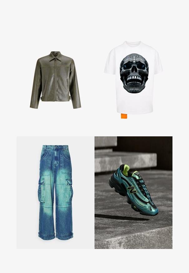 Olivengrøn læderjakke med lynlås foran, spidse kraver, to sidelommer og diskret branding på øverste venstre side.; Hvid t-shirt med et stort sort kraniumgrafik med skinnende detaljer, teksturerede elementer og et koralfarvet mærke nederst til venstre.; Denim cargo bukser i gradient blå, med flere lommer, brede ben og en frynset kant. Lavet af kraftigt stof med synlige sømme.; Teal og sort New Balance-sneaker med gule accenter, svævende over en udendørs betontrappe.