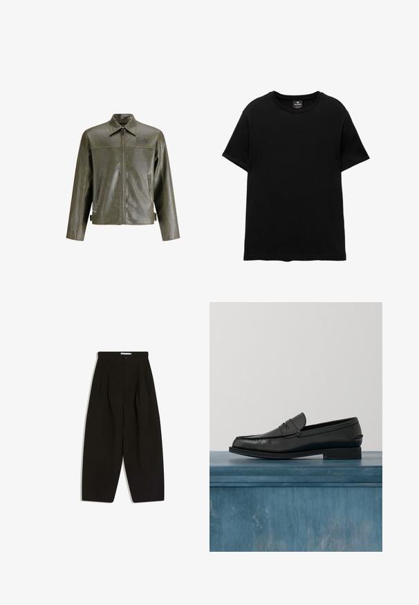 Olivengrøn læderjakke med lynlås foran, spidse kraver, to sidelommer og diskret branding på øverste venstre side.; Sort T-shirt med korte ærmer og rund halsudskæring med Pull&Bear mærke indeni kraven, lagt fladt på hvid baggrund.; Sorte bukser med vide ben lavet af blødt stof, med plisseret front, knaplukning og sidelommer for ekstra funktionalitet.; Sorte læderloafers med et slankt design, der har syning ved tåen og en glat finish. Skoen har en lav hæl og minimal udsmykning.