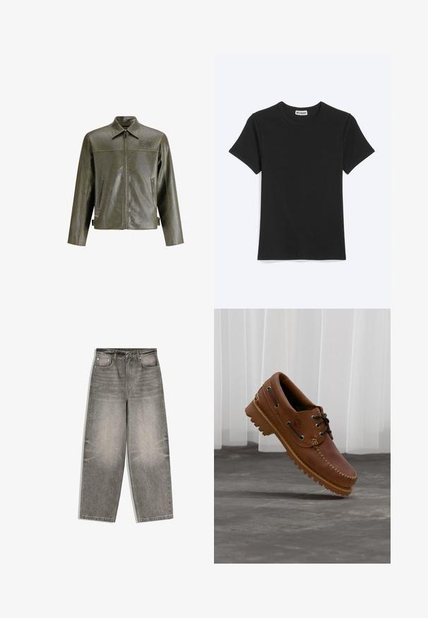 Olivengrøn læderjakke med lynlås foran, spidse kraver, to sidelommer og diskret branding på øverste venstre side.; Enkel sort t-shirt med korte ærmer og rund hals med et Weekday-mærke inde i kraven, vist på en hvid baggrund.; Grå denimjeans med vide ben, frontknap, lynlåslukning, bæltestropper og fem-lomme design lagt fladt på en hvid baggrund.; Brun læder bådsko med sorte snørebånd, beige syninger og en robust sål, hængende over en grå betongulv.