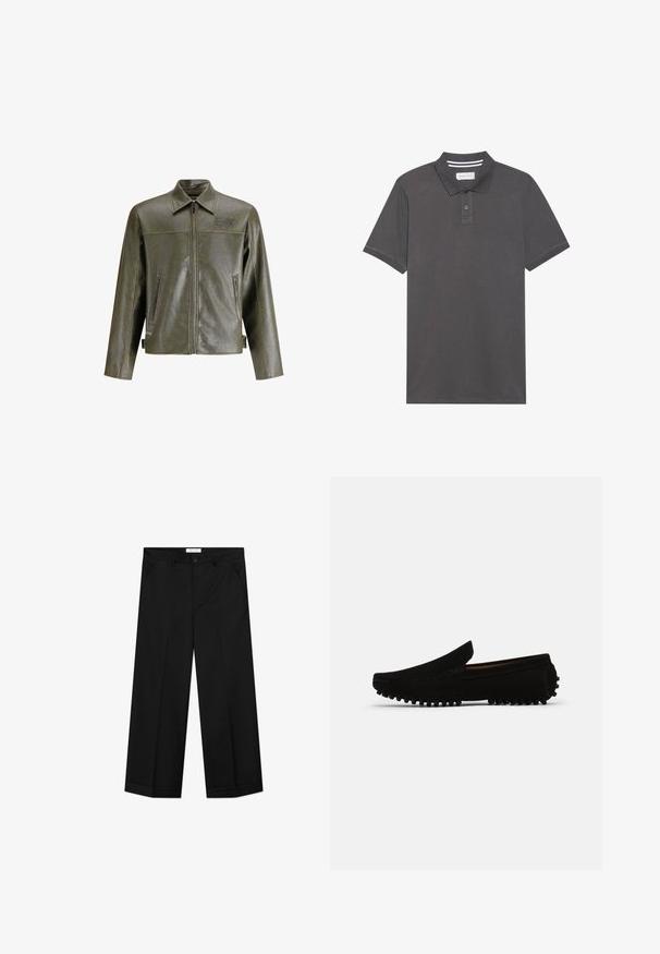 Olijf groene leren jas met een ritssluiting aan de voorkant, een puntige kraag, twee zijzakken en subtiele branding op de bovenste linkerkant.; Donkergrijze polo shirt van katoen, met een kraag, een drieknoopsluiting en korte mouwen met een lichte textuur.; Zwarte wijde broekspijpen gemaakt van een glad materiaal, voorzien van zakken aan de voorkant, een knoopsluiting en een vouw in elke pijp.; Zwarte suède instappers met een iets verhoogde, gestructureerde loopzool en stiksels langs de randen, met een klassiek instapontwerp.