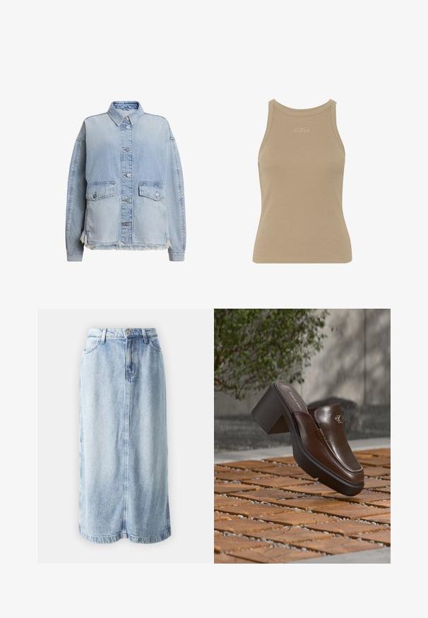 Lyseblå denimjakke med knaplukning foran, to lommer foran og en frynset kant nederst. Løs pasform med krave.; Beige ribbet t-shirt med rund halsudskæring, ærmeløs design og et lille præget logo midt foran. Blød stoftekstur.; Lysblå denimnederdel med lige snit, bæltestropper, forlommer og synlig syning langs kanten og sømmene.; Brun læder Calvin Klein hæl mule svævende over trægulv med en sløret grøn plante og væg baggrund.