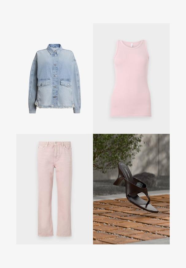 Hellblaues Jeansjacke mit durchgehender Knopfleiste, zwei Vordertaschen und einem fransigen Saum am unteren Ende. Lockere Passform mit Kragen.; Hellrosa Tanktop aus weichem, dehnbarem Stoff. Es hat einen runden Halsausschnitt und schmale Träger, mit einer glatten Textur und einer figurbetonten Passform.; Helle rosa Denim-Jeans mit geradem Schnitt, fünf Taschen und Reißverschluss. Enthält Steppdetails und Akzente aus silberfarbenem Metall.; Braune Calvin Klein Sandalette mit Absatz und Zehensteg, schwebend über einem Boden aus Holzfliesen und Kies im Freien, mit verschwommenem Grün und Stein im Hintergrund.
