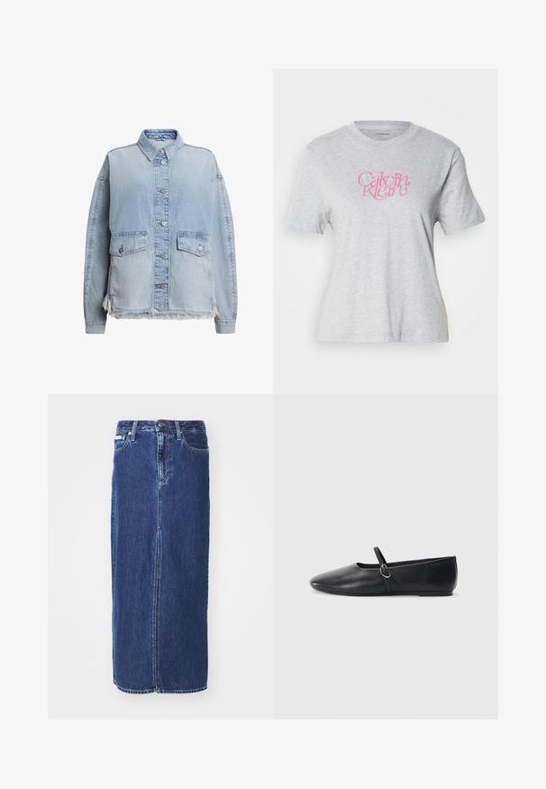 Veste en denim bleu clair avec un devant à boutons, deux poches avant et un ourlet effiloché en bas. Coupe décontractée avec un col.; T-shirt gris à manches courtes en coton doux, avec un logo stylisé "Calvin Klein" rose à l'avant. Encolure ronde.; Jupe en denim bleu foncé, à mi-longueur, avec une fente avant, une taille traditionnelle et un design à cinq poches avec des coutures contrastées.; Ballerines noires en cuir avec un bout pointu, une semelle plate et une petite sangle avec un détail de boucle en argent.