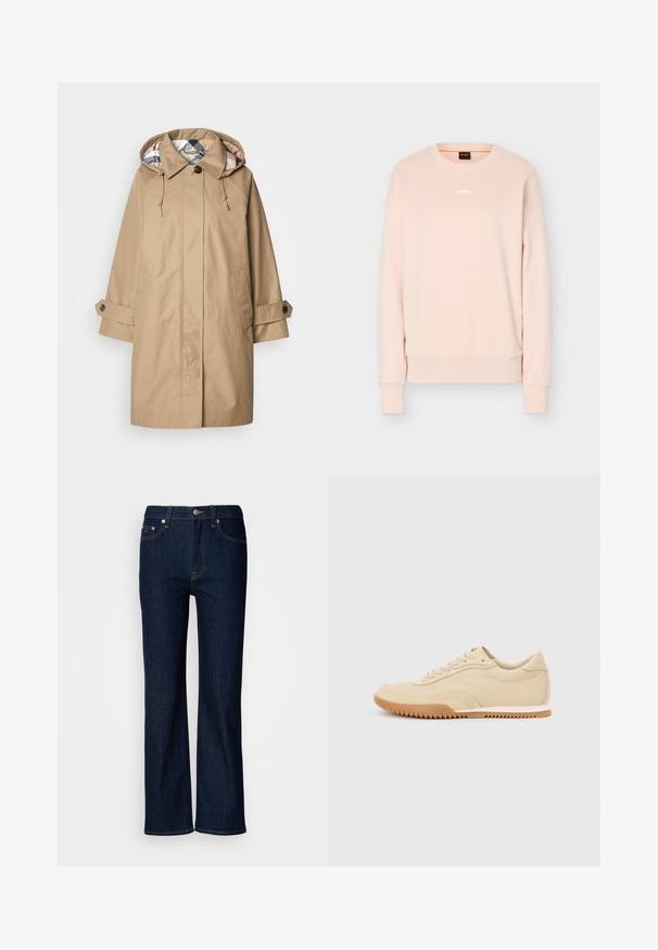 Beige Regenmantel mit Kapuze, mit gefüttertem Innenfutter im Karomuster, geknöpften Ärmelbündchen und Vordertaschen. Hergestellt aus wasserabweisendem Stoff.; Hellrosa langärmeliges Sweatshirt mit rundem Halsausschnitt, gerippten Bündchen und Saum, mit kleinem weißem BOSS-Logo mittig auf der Brust.; Blaue Jeans aus Denim mit geradem Bein Design, ausgestattet mit Kontrastnähten, einem Knopf- und Reißverschluss sowie einer Fünf-Taschen-Optik.; Beige Leder-Sneaker mit niedrigem Profil, strukturierten Oberflächen und einer Gummisohle mit Zickzackmuster für besseren Halt.