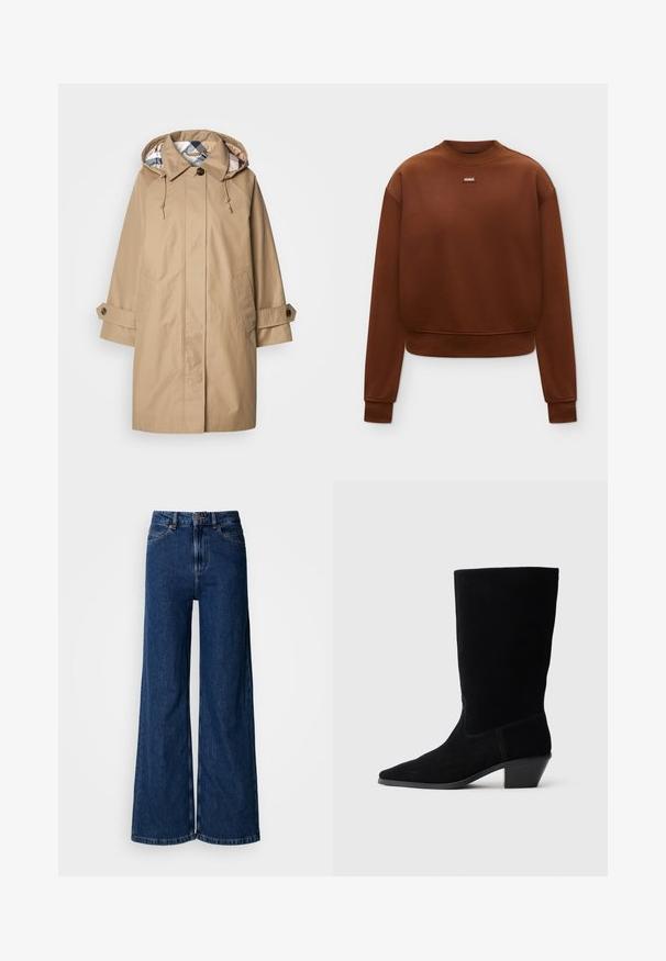 Beige Regenmantel mit Kapuze, mit gefüttertem Innenfutter im Karomuster, geknöpften Ärmelbündchen und Vordertaschen. Hergestellt aus wasserabweisendem Stoff.; Braunes Sweatshirt mit Rundhalsausschnitt und langen Ärmeln, mit gerippten Bündchen und Saum, mit einem kleinen "HUGO" Logo-Patch in der Mitte der Brust.; Weit geschnittene Jeans in dunkler Waschung aus Denim, mit hoher Taille, klassischem Fünf-Taschen-Design und dezenten Steppnähten entlang der Nähte.; Schwarze Wildleder Stiefelette mit spitzer Zehe, mittelhohem Schaft und einem chunky Absatz. Verfügt über minimale Nähte und eine glatte Textur.