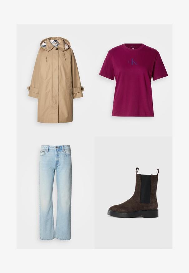 Beige Regenmantel mit Kapuze, mit gefüttertem Innenfutter im Karomuster, geknöpften Ärmelbündchen und Vordertaschen. Hergestellt aus wasserabweisendem Stoff.; Magenta Baumwoll-T-Shirt mit Rundhalsausschnitt, kurzen Ärmeln und einem blauen Logo auf der Brust. Hat eine lockere Passform und eine glatte Textur.; Helle blaue weit geschnittene Jeans aus Denim, mit einem klassischen Fünf-Taschen-Design und einer dezenten, gewaschenen Textur. Die Denim-Nähte sind sichtbar.; Braune Wildleder-Stiefelette mit elastischen Seiteneinsätzen und Zugschlaufen. Sie verfügt über eine runde Zehenpartie und einen stabilen, klobigen schwarzen Absatz.