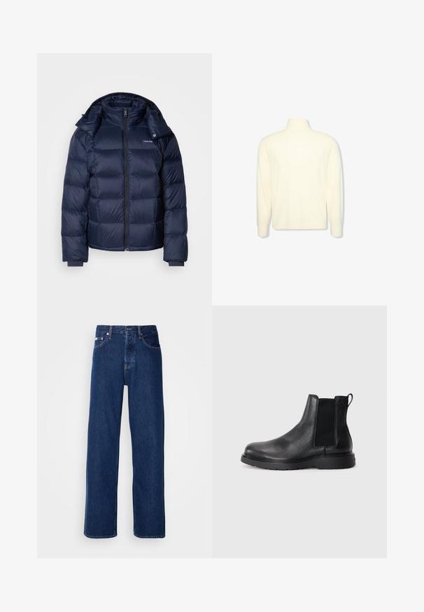 Veste doudoune marine en tissu brillant et matelassé. Comprend un col haut, une fermeture éclair frontale intégrale et des poignets ajustés pour plus de chaleur. Logo sur la poitrine.; Pull col roulé crème à manches longues avec des poignets côtelés et un logo discret sur la poitrine, présenté sur un fond blanc uni.; Jean en denim bleu foncé avec un design à jambes larges, doté d'une fermeture à bouton et d'un style à cinq poches classique. Le tissu a une texture lisse.; Bottes Chelsea en cuir noir avec une finition texturée, des panneaux latéraux élastiques et une semelle en caoutchouc robuste. Branding subtil sur le talon.