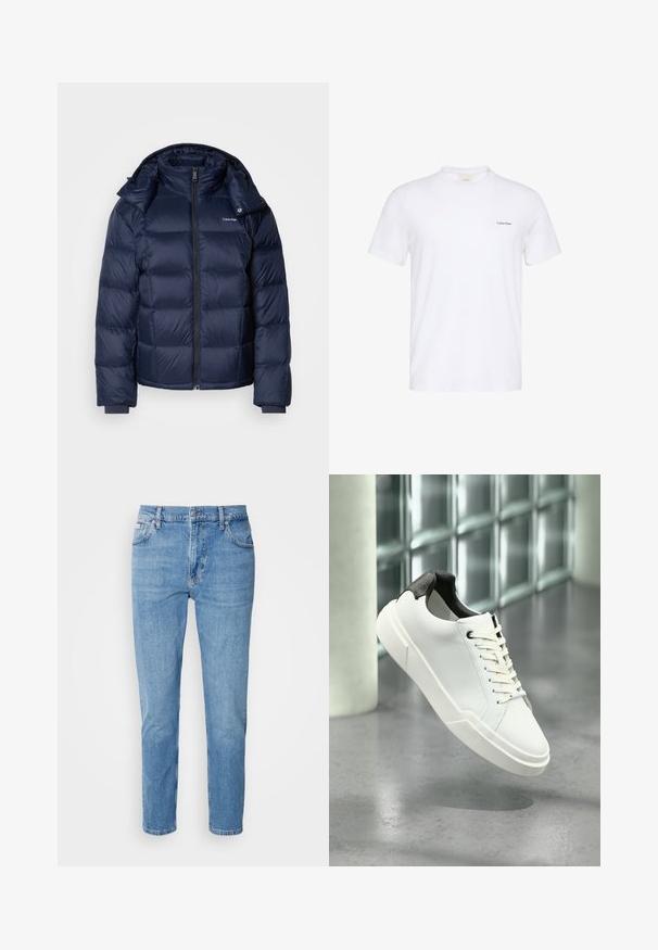 Chaqueta de plumas marina fabricada con un tejido brillante y acolchado. Cuenta con un alto cuello, cierre frontal completo y puños ajustados para mayor calidez. Logotipo en el pecho.; Camiseta blanca de manga corta con cuello redondo y pequeño logo negro de Calvin Klein en el lado izquierdo del pecho.; Vaqueros de mezclilla azul claro con corte recto, diseño de cinco bolsillos y un sutil desgastado. Presentan un cierre de botón y pasadores para cinturón.; Zapatilla blanca de perfil bajo con lengüeta del talón texturizada en negro, cordones blancos y suela gruesa sobre un suelo de cemento pulido cerca de bloques de vidrio.