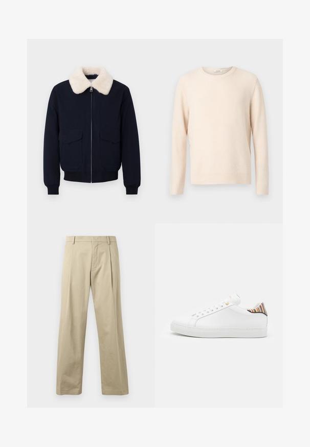 Ναυτικό bomber μπουφάν με γιακά από κρεμ τεχνητό shearling· διαθέτει φερμουάρ κλεισίματος και δύο μπροστινές τσέπες· ριμπ μανσέτες και τελείωμα.; Μακρυμάνικη πλεκτή μπλούζα σε κρεμ χρώμα με υφασμένο σχέδιο, ριμπ μανσέτες και τελείωμα, και στρογγυλή λαιμόκοψη.; Μπεζ παντελόνι από βαμβάκι, με ευθεία γραμμή, εμπρός πτυχώσεις και παραδοσιακή κλείσιμο στη μέση. Λείος υφασμάτινος χαρακτήρας, ελάχιστες λεπτομέρειες.; Λευκό δερμάτινο παπούτσι με λείο φινίρισμα, που διαθέτει πολύχρωμη ριγέ λεπτομέρεια στη φτέρνα, χρυσό μεταλλικό στοιχείο και επίπεδη λευκή σόλα.