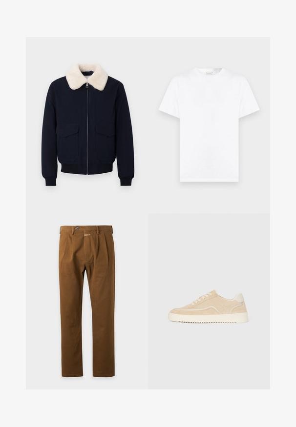 Ναυτικό bomber μπουφάν με γιακά από κρεμ τεχνητό shearling· διαθέτει φερμουάρ κλεισίματος και δύο μπροστινές τσέπες· ριμπ μανσέτες και τελείωμα.; Απλό λευκό κοντομάνικο μπλουζάκι με στρογγυλή λαιμόκοψη, εμφανιζόμενο πάνω σε ουδέτερο γκρι φόντο.; Καφέ παντελόνι με ίσια γραμμή, θηλιές για ζώνη, κουμπί μπροστά και πιετέ λεπτομέρειες σε ανοιχτό φόντο.; Μπεζ σουέτ αθλητικά παπούτσια με λευκή σόλα και κορδόνια, χαμηλού προφίλ σχεδίαση και ζιγκ-ζαγκ μοτίβο στην σόλα.