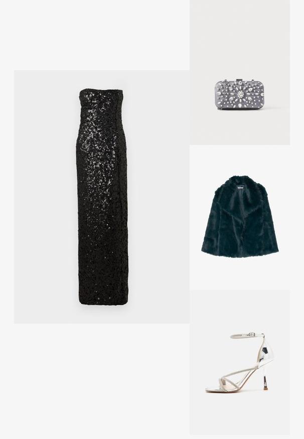 Faux fur jas in diep teal met een zachte, pluche textuur en een brede kraag, met een open voorkant en zonder zichtbare sluitingen.; Zwarte strapless avondjurk met een aansluitend silhouet, bedekt met pailletten, met een rechte halslijn en een ramphengsel tot op de vloer.; Zilveren hoge hak sandalen met een geschenkdesign, glinsterend materiaal, strassaccenten en een slanke enkelband. Vierkante neus en gepolijste hak.; Kleine rechthoekige donkergrijze clutch versierd met heldere strass-steentjes in een uitstralend patroon en een zilveren kettingband.