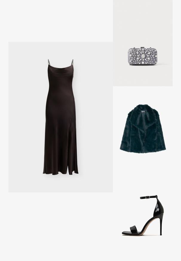 Faux fur jas in diep teal met een zachte, pluche textuur en een brede kraag, met een open voorkant en zonder zichtbare sluitingen.; Lange zwarte satijnen slipjurk met dunne spaghetti bandjes en een lichte uitlopende zoom, getoond tegen een eenvoudige lichte achtergrond.; Zwarte lakleren hoge hak sandaal met een open teen, enkelbandje en een slanke, glanzende afwerking. Heeft een slank stiletto-hak.; Kleine rechthoekige donkergrijze clutch versierd met heldere strass-steentjes in een uitstralend patroon en een zilveren kettingband.