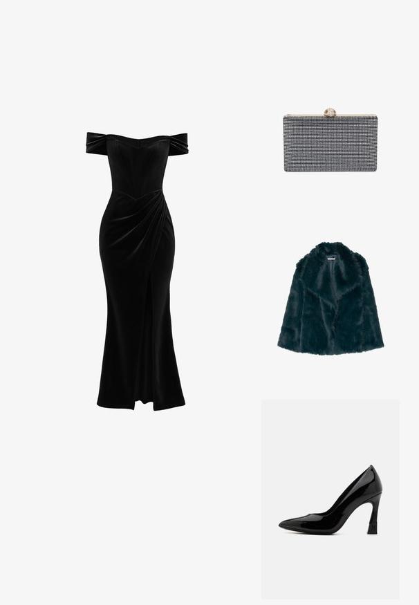 Faux fur jas in diep teal met een zachte, pluche textuur en een brede kraag, met een open voorkant en zonder zichtbare sluitingen.; Zwarte fluwelen jurk met een off-the-shoulder ontwerp, een slim-fit lijfje en een gedrapeerde rok met een hoge split tot het bovenbeen. Perfecte textuur en elegante vorm.; Zwarte gepatenteerde leren hoge hakken met een spitse neus en een blokhak met een logo-accent. Glad, glanzend oppervlakte-textuur.; Zwarte rechthoekige clutch bedekt met kleine strassteentjes, met een goudkleurige sluiting met decoratieve details bovenop.