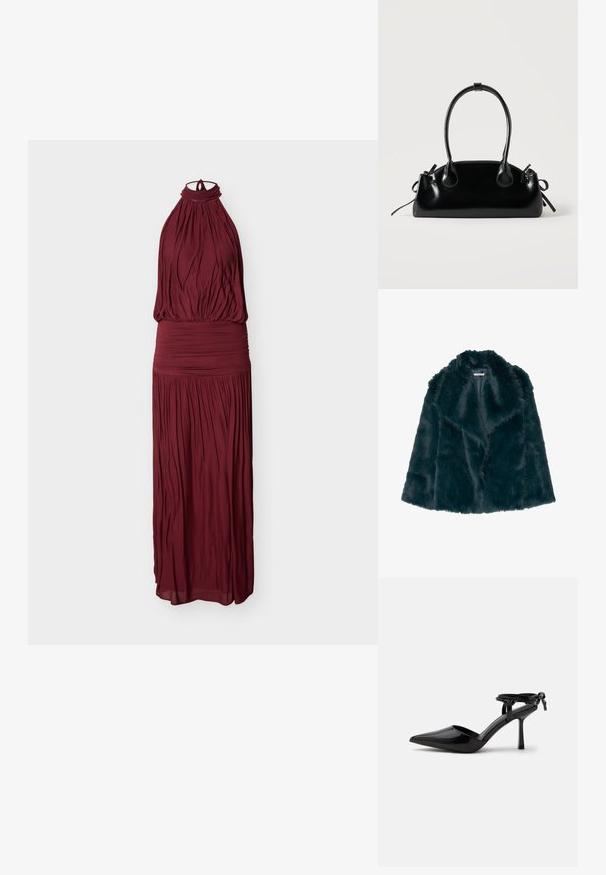 Faux fur jas in diep teal met een zachte, pluche textuur en een brede kraag, met een open voorkant en zonder zichtbare sluitingen.; Mouwloze bordeauxrode maxi-jurk met halternek, geplooide stof en een aansluitende tailleband met ruches.; Zwarte lakleren hoge hakken schoen met spits toelopende neus en enkelbandje achter gebonden in een knoop, afgebeeld op een effen witte achtergrond.; Kleine zwarte glanzende handtas met twee lange hengsels en zijkant trekkoord details op een effen lichte achtergrond.