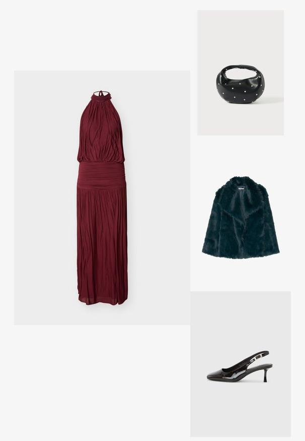 Faux fur jas in diep teal met een zachte, pluche textuur en een brede kraag, met een open voorkant en zonder zichtbare sluitingen.; Mouwloze bordeauxrode maxi-jurk met halternek, geplooide stof en een aansluitende tailleband met ruches.; Zwarte slingback schoen van lakleer met spitse neus, zilveren gesp en een middelhoog kittenhak op een effen lichte achtergrond.; Zwarte leren handtas met een afgeronde vorm, versierd met zilveren studs, en een korte handgreep. Gladde textuur en ritsluiting.