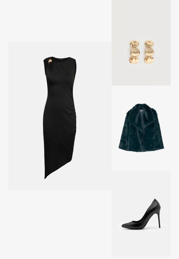 Faux pelsjakke i dyb teal med en blød, fluffy tekstur og en bred krave, med et åbent frontdesign og uden synlige lukninger.; Sort midi-kjole uden ærmer med asymmetrisk kant, rynkede sider og guldfarvet ringdetalje på venstre skulder.; Sorte læder højhælede pumper med spids tå og glat overflade. Har en slank stilethæl og et lavt udskæringsdesign.; Øreringe i guldfarve med dråbeform og tre uregelmæssige, glatte, afrundede segmenter stablet lodret på en enkelt lys baggrund.