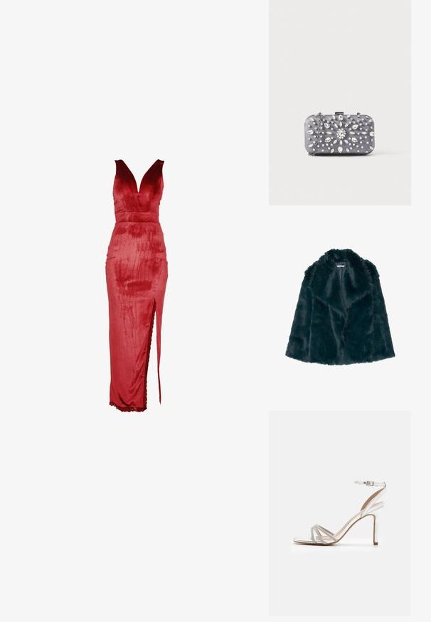 Faux fur jas in diep teal met een zachte, pluche textuur en een brede kraag, met een open voorkant en zonder zichtbare sluitingen.; Rode fluwelen jurk met een diepe V-hals, nauwsluitend lijfje en een split aan de zijkant. Het ontwerp heeft een gladde textuur en kanten rand aan de zoom.; Zilveren hoge hakken sandaal met meerdere banden, versierd met strassstenen, met een open teen ontwerp en een enkelgesp. Gladde metalen afwerking.; Kleine rechthoekige donkergrijze clutch versierd met heldere strass-steentjes in een uitstralend patroon en een zilveren kettingband.
