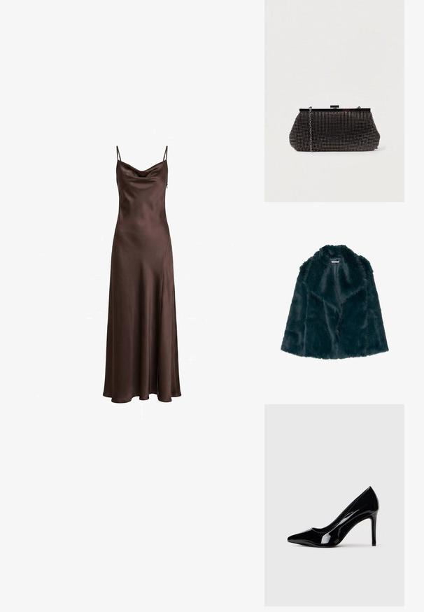 Faux fur jas in diep teal met een zachte, pluche textuur en een brede kraag, met een open voorkant en zonder zichtbare sluitingen.; Mouwloze donkerbruine satijnen slipjurk met gedrapeerde halslijn en lengte tot op de vloer.; Zwarte lakleren hoge hak schoen met spitse neus, gepresenteerd tegen een plain witte achtergrond.; Zwarte mesh clutchbag met een gestructureerde silhouette, versierd met kleine metalen studs, heeft een sluiting met een klapmechanisme en een afneembare kettingriem.