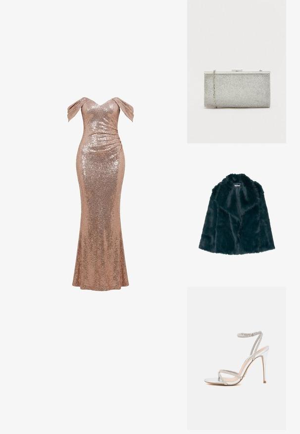 Faux fur jas in diep teal met een zachte, pluche textuur en een brede kraag, met een open voorkant en zonder zichtbare sluitingen.; Avondjurk van roségoudkleurige pailletten tot op de grond, met off-shoulder mouwen en geplooide details aan de rechterheup.; Zilveren hoge hakken sandaal met dunne bandjes, versierd met strass steentjes, met een slank ontwerp en een spitse neus.; Zilveren metallic clutch met een gestructureerd gaasoppervlak, rechthoekige vorm en een afneembare kettingriem. Voorzien van een metallic sluiting.