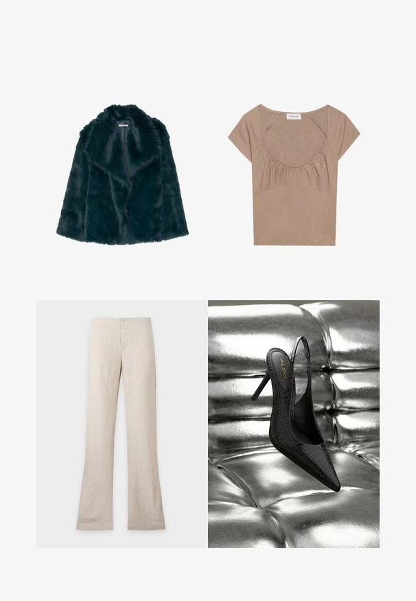 Faux fur jas in diep teal met een zachte, pluche textuur en een brede kraag, met een open voorkant en zonder zichtbare sluitingen.; Bruine geribbelde crop top met een brede ronde hals, capmouwen en geraffineerde details onder de buste. Zachte textuur met een subtiele glans.; Beige linnen broek met rechte pijpen en verborgen voorsluiting, plat neergelegd op een effen lichte achtergrond. Geen zichtbare zakken of details.; Zwarte slingback hoge hakken met krokodillenstructuur en puntige neus, geplaatst op een glanzend zilveren gestoffeerd oppervlak.