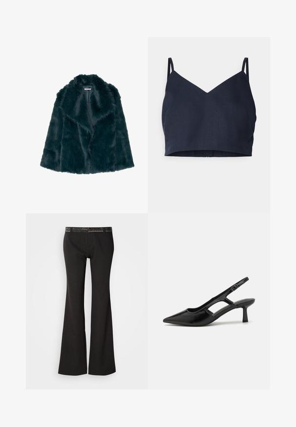 Faux pelsjakke i dyb teal med en blød, fluffy tekstur og en bred krave, med et åbent frontdesign og uden synlige lukninger.; Mørkeblå cropped cami-top med V-udskæring og tynde stropper. Lavet af et glat stof med en let glans og en ren kant.; Sorte flagrende bukser med en tekstureret linning med metalnitter. Stoffet har en subtil glans og en glat overflade.; Sorte slingback hæle med spidse tæer, lavet af blankt materiale, med udskæringsdetaljer og en moderat hæl for støtte.