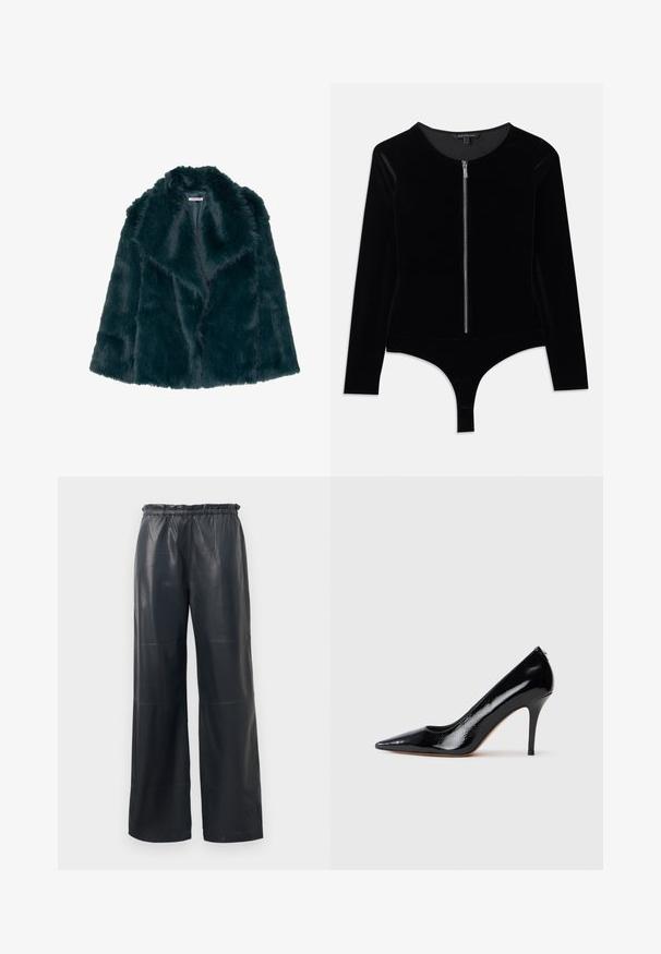 Faux pelsjakke i dyb teal med en blød, fluffy tekstur og en bred krave, med et åbent frontdesign og uden synlige lukninger.; Sort velour bodysuit med lange ærmer, rund halsudskæring og en lynlås foran; har en thong-bund og glat tekstur.; Sorte faux læder brede bukser med elastisk talje, der har en glat overflade og pæne sømme.; Sort højtaljet pumpekappe i laklæder med spids tå, der har en glat tekstur og en slank stiletthæl. Ingen synlige metaldele.