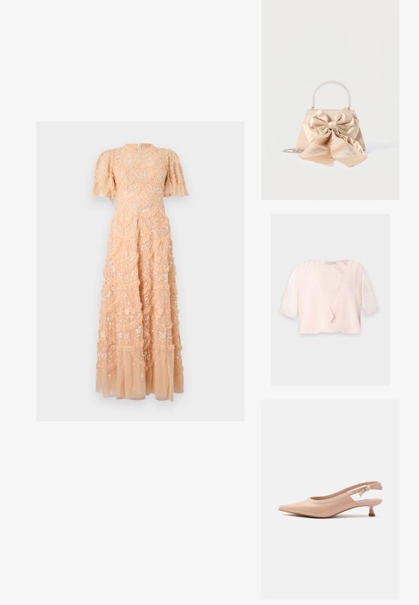 Blouse courte rose clair avec manches trois quarts et un design devant ouvert et ample sur un fond uni.; Robe de soirée en dentelle couleur pêche avec manches courtes bouffantes, broderies florales et accents de sequins, taille cintrée et jupe à volants.; Chaussure slingback pointue en cuir verni beige avec petit talon kitten et bride élastique avec un marquage discret.; Sac à main en satin beige avec un grand nœud décoratif assorti, une poignée ornée de perles et une bandoulière en chaîne argentée sur fond blanc.