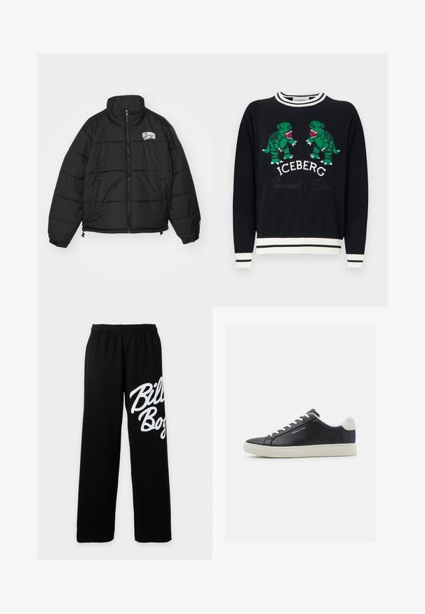 Chaqueta acolchada negra con cuello alto, cierre de cremallera, bolsillos laterales y logo bordado de "Billionaire Boys Club" en el pecho.; Suéter negro con ribete blanco que presenta dos dinosaurios verdes enfrentados sobre el texto "ICEBERG Social Club" en el pecho.; Pantalones deportivos con cintura elástica negra, pierna ancha y gran texto blanco "Billabong" en el muslo derecho.; Zapatilla de cuero negra con cordones blancos y suela de goma. Presenta un acento rayado en azul, rojo y verde en el talón. Incluye detalles de costura.