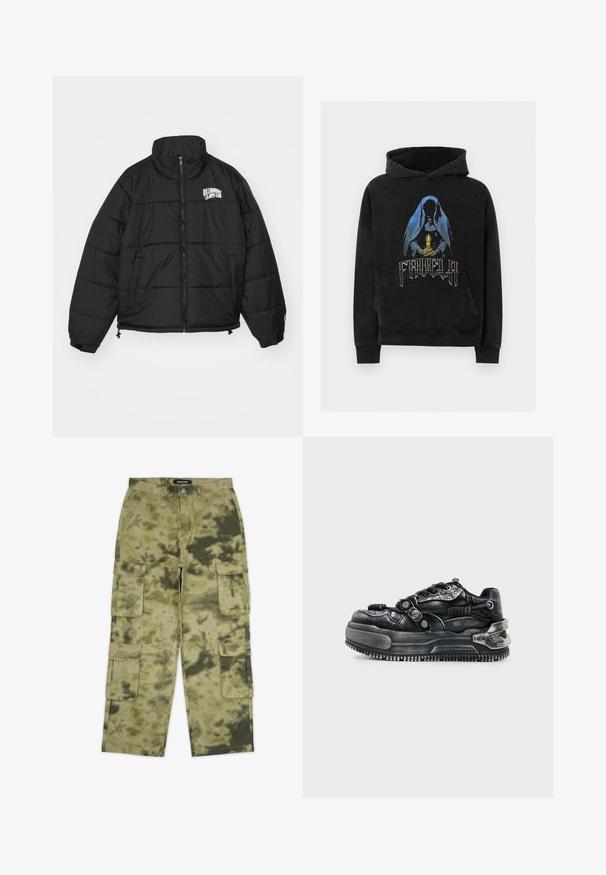 Chaqueta acolchada negra con cuello alto, cierre de cremallera, bolsillos laterales y logo bordado de "Billionaire Boys Club" en el pecho.; Sudadera negra con capucha con una imagen de una figura con capucha sosteniendo una vela luminosa y texto estilizado debajo de la figura en la parte delantera.; Pantalones cargo con un patrón de camuflaje, que presentan múltiples bolsillos laterales, fabricados con un tejido duradero, en tonos de verde y marrón.; Zapatilla chunky negra con suela gruesa, diseño con cordones, correas texturizadas y detalles metálicos en el talón y los lados sobre un fondo claro.