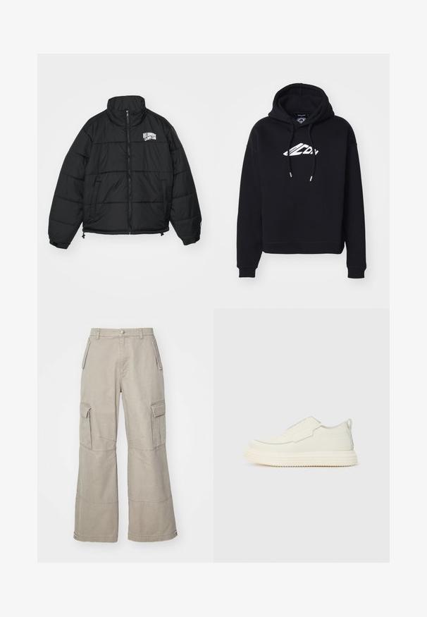 Sort pufferjakke med høj krave, lynlås, sidelommer og broderet "Billionaire Boys Club" logo på brystet.; Sort cropped hoodie lavet af blødt stof, med en snor i hætten og et hvidt logo på brystet, samt ribbede manchetter og kant.; Khaki cargo bukser lavet af bomuldsblanding, med brede ben, flere sidelommer og subtile syninger.; Slip-on sneaker i off-white tekstureret materiale med en tyk, rillet sål. Har minimale sømme og et subtilt lysblåt accent.