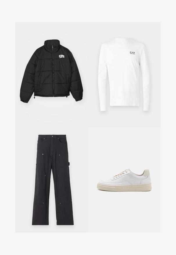Sort pufferjakke med høj krave, lynlås, sidelommer og broderet "Billionaire Boys Club" logo på brystet.; Hvid langærmet T-shirt lavet af bomuld, med et lille sort EA7-logo på venstre brystområde. Enkel design med rund halsudskæring.; Sorte cargo-bukser lavet af slidstærkt stof med lige ben-design, der har forlommer, trykknapper og side-nytte lommer.; Hvide sneakers med en glat læderoverdel, beige snørebånd og en tekstureret beige ruskindsheel-tab. Hævet sål for ekstra højde.