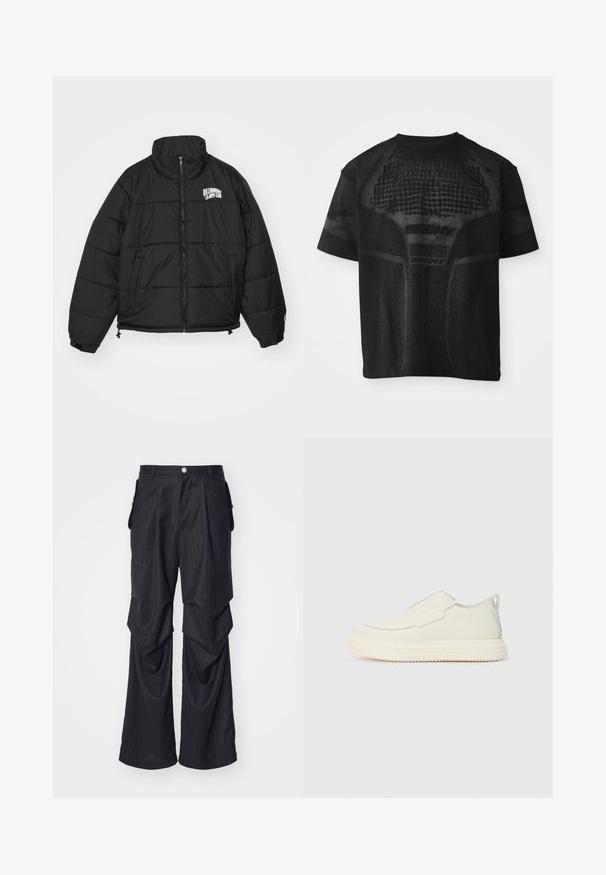 Black puffer jacket with a high collar, zip closure, side pockets, and embroidered "Billionaire Boys Club" logo on the chest.; Black short-sleeve sports T-shirt with textured pattern and subtle "MISBHV SPORT" text on front.; Black pinstripe trousers with a wide leg design, featuring pleats, side pockets, and a front button closure. Smooth texture.; Slip-on sneaker in off-white textured material with a thick, ridged sole. Features minimal seams and a subtle light blue accent.