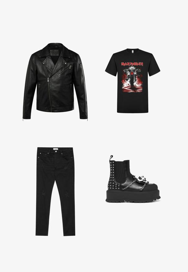 Sort læder bikerjakke med asymmetrisk frontlynlås, brede revers, tre lynlåslommer og lynlåse på ærmerne.; Sort bomuld T-shirt med et motiv af en motorcyklist med gråt hår. Designet indeholder røde stænk og teksten "IRON MAIDEN" i fed rød skrift.; Sorte slim-fit jeans med subtile slidte pletter, metalknap, forlommer og et Pier One-mærke i taljen.; Sort platformstøvle med sølvnitter, kædedetaljer og en hvid kranie dekoration på frontpanelet.