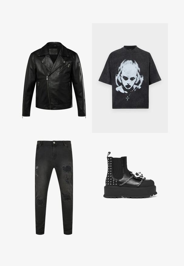 Chaqueta de motorista de cuero negro con cremallera frontal asimétrica, solapas anchas, tres bolsillos con cremallera y puños con cremallera en las mangas.; Camiseta negra de talla grande con un gráfico blanco de una persona calva con ojos oscuros, lápiz labial, piercings y un collar con colgante de cruz.; Jeans de mezclilla negra con un ajuste slim, que presentan detalles desgastados, desgarros y áreas desvaídas. Diseño estándar de cinco bolsillos con cierre de botón metálico.; Botín negro de plataforma con tachuelas plateadas, detalles de cadena y una decoración de calavera blanca en el panel frontal.