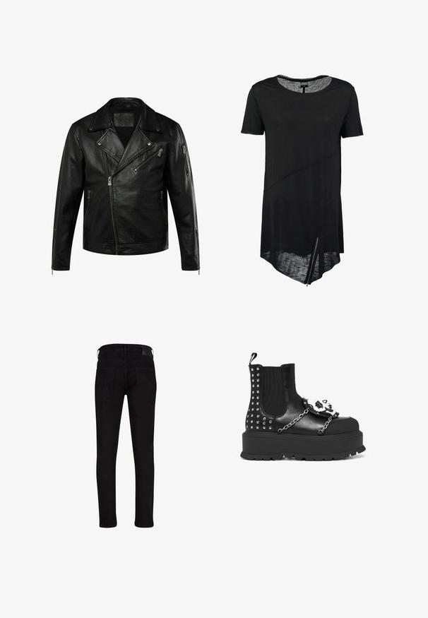 Chaqueta de motorista de cuero negro con cremallera frontal asimétrica, solapas anchas, tres bolsillos con cremallera y puños con cremallera en las mangas.; Camiseta negra de manga corta con cuello redondo, dobladillo asimétrico, textura transparente y detalle de cremallera lateral. Tejido suave y ligero.; Jeans elásticos negros con un corte ajustado, que cuentan con una cintura de altura media y dos bolsillos traseros. Textura suave con detalles de hardware mínimos.; Botín negro de plataforma con tachuelas plateadas, detalles de cadena y una decoración de calavera blanca en el panel frontal.