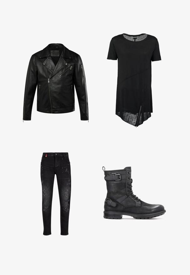 Chaqueta de motorista de cuero negro con cremallera frontal asimétrica, solapas anchas, tres bolsillos con cremallera y puños con cremallera en las mangas.; Camiseta negra de manga corta con cuello redondo, dobladillo asimétrico, textura transparente y detalle de cremallera lateral. Tejido suave y ligero.; Jeans de denim negro con parches desgastados, salpicaduras de pintura blanca, cierre con cremallera y un diseño ajustado.; Kazar HEARD - Botines camperos - black