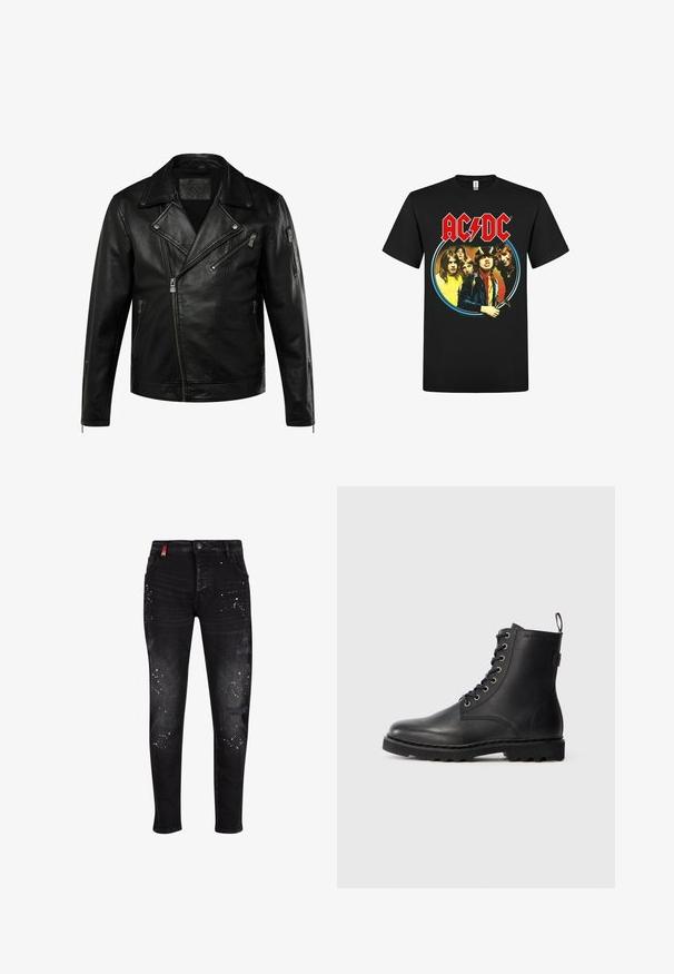Sort læder bikerjakke med asymmetrisk frontlynlås, brede revers, tre lynlåslommer og lynlåse på ærmerne.; rockshirts AC/DC HIGHWAY TO HELL NORTH AMERICA TOUR - T-shirts print - black; Sorte denimjeans med slidte lapper, hvide malingsplatter, lynlåsgylpter og et slim-fit design.; Sort læder ankelstøvle med rund tå, snøredesign og metaløjer. Har en tekstureret sål og en pull-tab ved hælen for nem påtagning.