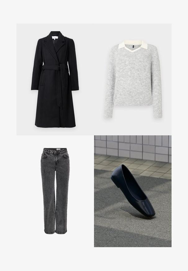 Sort uldfrakke med dobbeltrækker-design, klapkrave, lange ærmer og bælte i taljen. Har sidelommer og en glat tekstur.; Lys grå strikket sweater med lange ærmer og detaljer med hvid V-halskrave, ribbet kant og manchetter, vist på hvid baggrund.; Sorte denimjeans med lige ben, der har forlommer, bæltestropper og en subtil, falmet tekstur.; Sort læder flad sko, stående opret på en asfaltbelægning nær en flisebelagt fortovskant.
