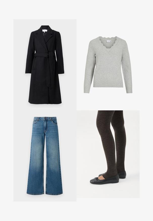 Sort uldfrakke med dobbeltrækker-design, klapkrave, lange ærmer og bælte i taljen. Har sidelommer og en glat tekstur.; Lys grå sweater med lange ærmer og V-udskæring. Har scallopedkant detaljer og en blød strikket tekstur. Minimalistisk design.; Bredde ben blå denimjeans med en falmet finish, fem-lomme design og standard talje med metalknap og lynlåslukning.; Ben iført mørke ribbede leggings kombineret med sorte balletsko med små sløjfedetaljer på hvid baggrund.