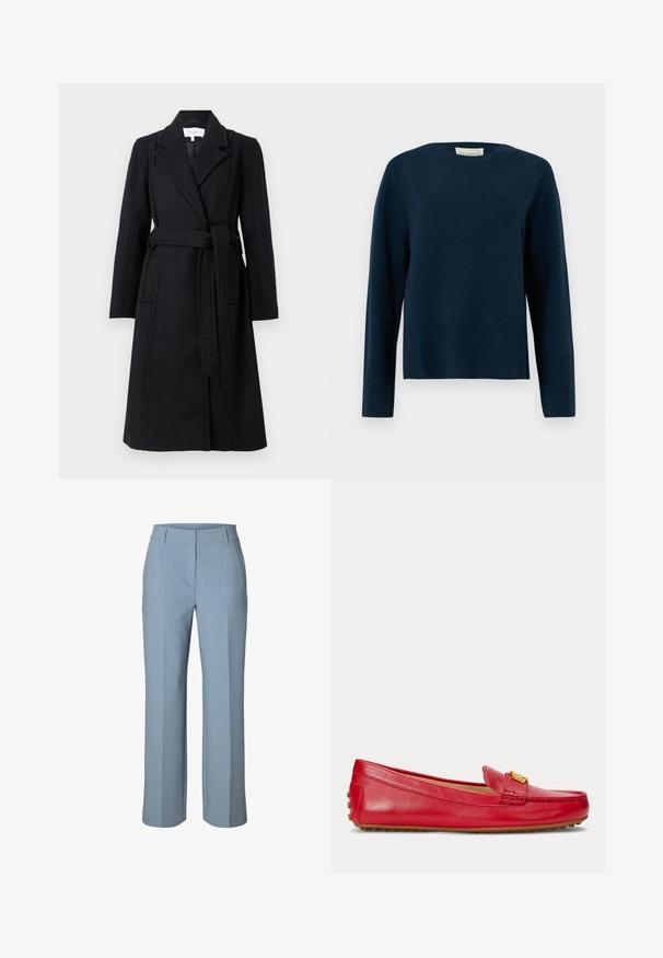 Sort uldfrakke med dobbeltrækker-design, klapkrave, lange ærmer og bælte i taljen. Har sidelommer og en glat tekstur.; Marineblå langærmet rundhalset sweater med ribstrikket kant og ærmer, lavet af blødt strikstof.; Lyseblå bukser med lige ben, en linning med bæltestropper, forreste pressefold og et rent, skræddersyet design.; Rød læder flad loafer med en guldfarvet metal spænde detalje og gummistudsede sål, vist fra siden på en hvid baggrund.