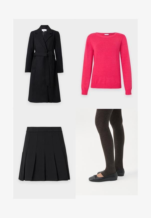 Sort uldfrakke med dobbeltrækker-design, klapkrave, lange ærmer og bælte i taljen. Har sidelommer og en glat tekstur.; Fuchsia trøje med rund halsudskæring, lange ærmer og ribstrikkede manchetter og kant. Fremstillet af blødt strikmateriale med en glat tekstur.; Sort plisseret nederdel lavet af et glat materiale. Har en bred linning og flere knivfolder, der går lodret.; Ben iført mørke ribbede leggings kombineret med sorte balletsko med små sløjfedetaljer på hvid baggrund.