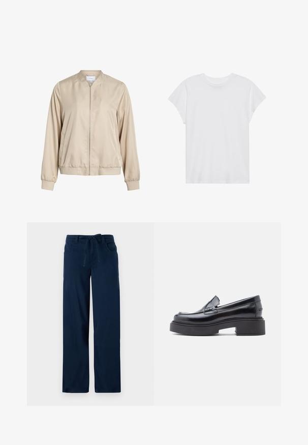 Beige bomberjakke lavet af glat stof, med rund halsudskæring, lynlås foran og elastiske manchetter og bund. Simpelt design uden mønstre.; Hvid kortærmet t-shirt med rund hals, afslappet pasform, lavet af blødt bomuldsstof. Glat tekstur, ingen mønstre eller logoer.; Mørkeblå bredbenede bukser lavet af en bomuldsblanding, med en snoretræk i taljen, to forlommer og en glat tekstur.; Sorte læder loafers med rund tå, der har en hævet platformssål og en enkel dekorativ rem over vamps. Glat finish.