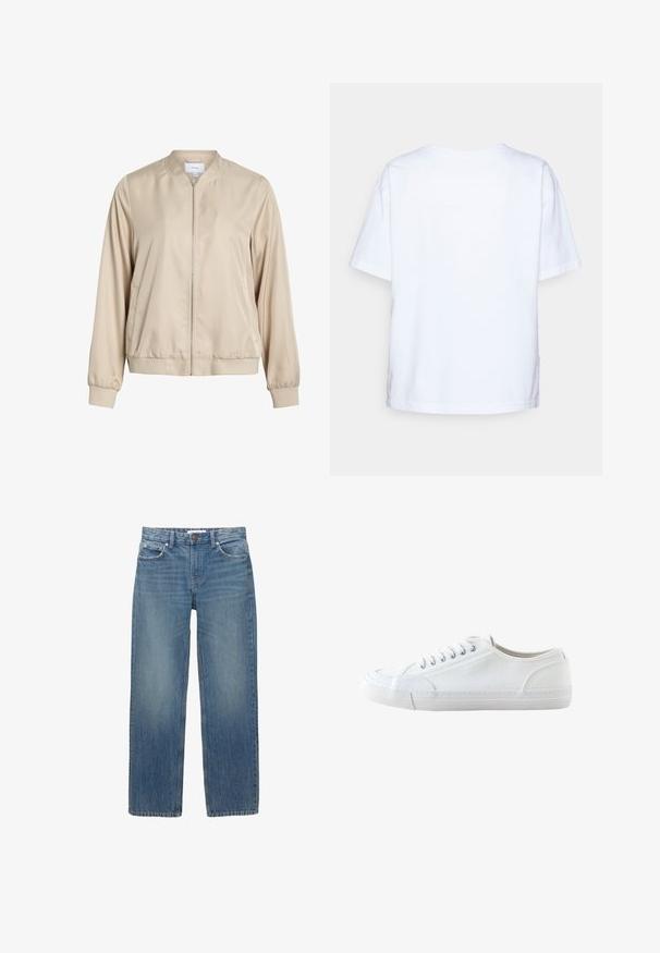 Beige bomberjakke lavet af glat stof, med rund halsudskæring, lynlås foran og elastiske manchetter og bund. Simpelt design uden mønstre.; Enkelt hvid kortærmet bomulds t-shirt vist bagfra mod en lys grå baggrund.; Lysblå denimjeans med lige snit, fem lommer og hardware i kobberfarve. Stoffet har en let falmning og en glat tekstur.; Hvid lavtop lærredsneaker med hvide snørebånd og gummisål, vist fra siden på en hvid baggrund.