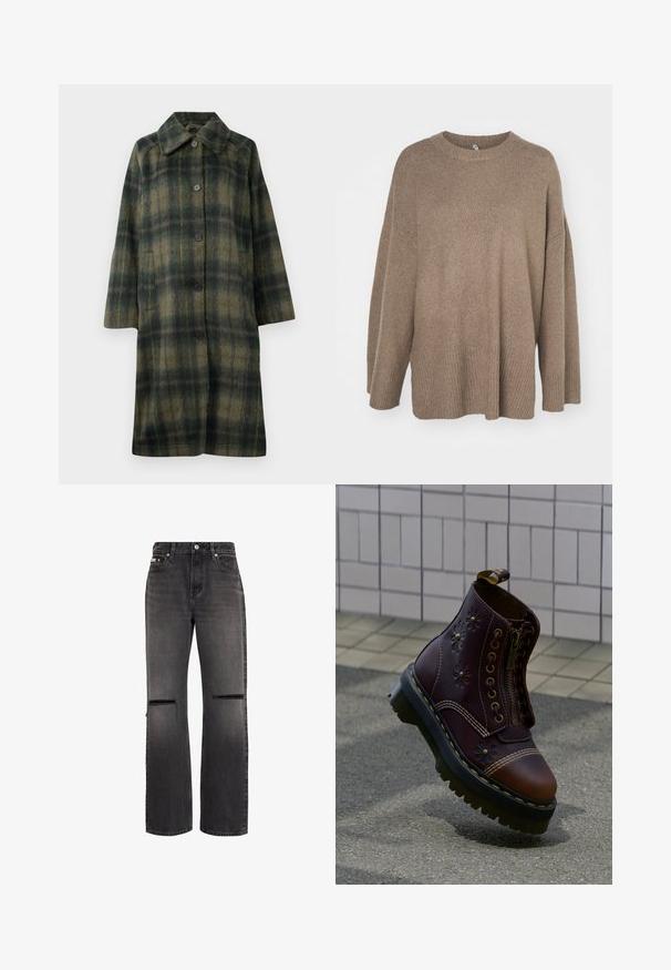 Abrigo de cuadros verdes con un cuello con muescas, cinco botones negros y un diseño de longitud media. Está hecho de una tela texturizada con rayas horizontales.; Suéter marrón de gran tamaño con dobladillo acanalado, mangas anchas y cuello redondo. Textura suave, diseño minimalista sin patrones.; Vaqueros negros de pierna recta con cortes horizontales desgastados en ambas rodillas y diseño clásico de cinco bolsillos.; Bota de cuero marrón oscuro con relieves florales, cremallera frontal, suela negra gruesa con costuras amarillas, flotando sobre un pavimento texturizado cerca de una pared con azulejos.