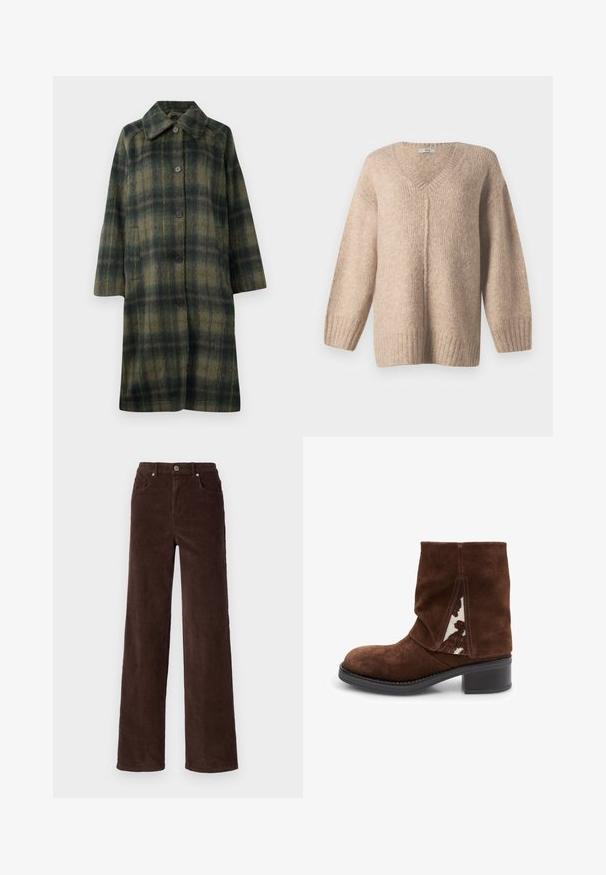 Grønternet frakke med spids krave, fem sorte knapper og design i midtlængde. Fremstillet af tekstureret stof med vandrette striber.; Beige strikket sweater med V-hals, dropped skuldre og ribbet kant. Blød tekstur, afslappet pasform og diskret spottet mønster hele vejen igennem.; Vero Moda VMTESSA WIDE PANTS - Bukser - chocolate torte; Brune suedeboot med lav blokhæl, der har en sidepanel med ko-skind mønster. Blød tekstur med stikninger.